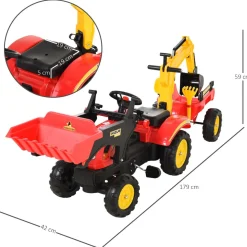 Homcom - Tractor excavadora a pedales con remolque rojo