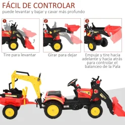 Homcom - Tractor excavadora a pedales con remolque rojo