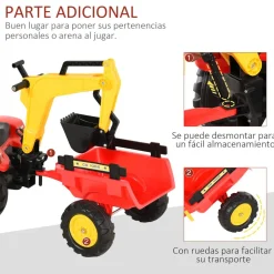 Homcom - Tractor excavadora a pedales con remolque rojo