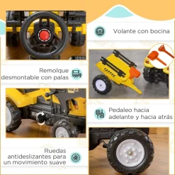 Homcom - Tractor excavadora a pedales con remolque amarillo* Vehículos De Batería O A Pedales