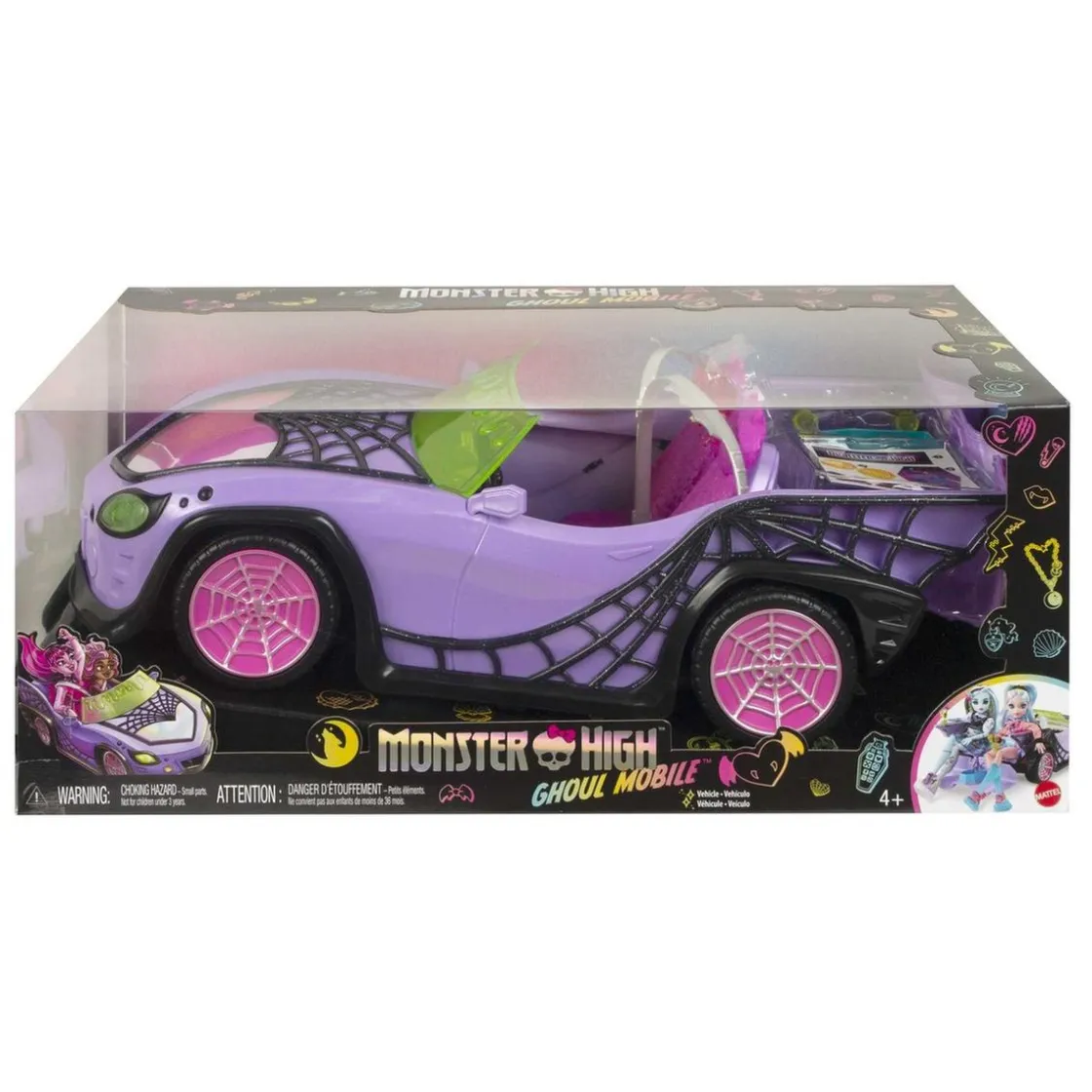 MATTEL - Monster High - Coche convertible morado con accesorios para mascotas y detalles de telaraña ㅤ