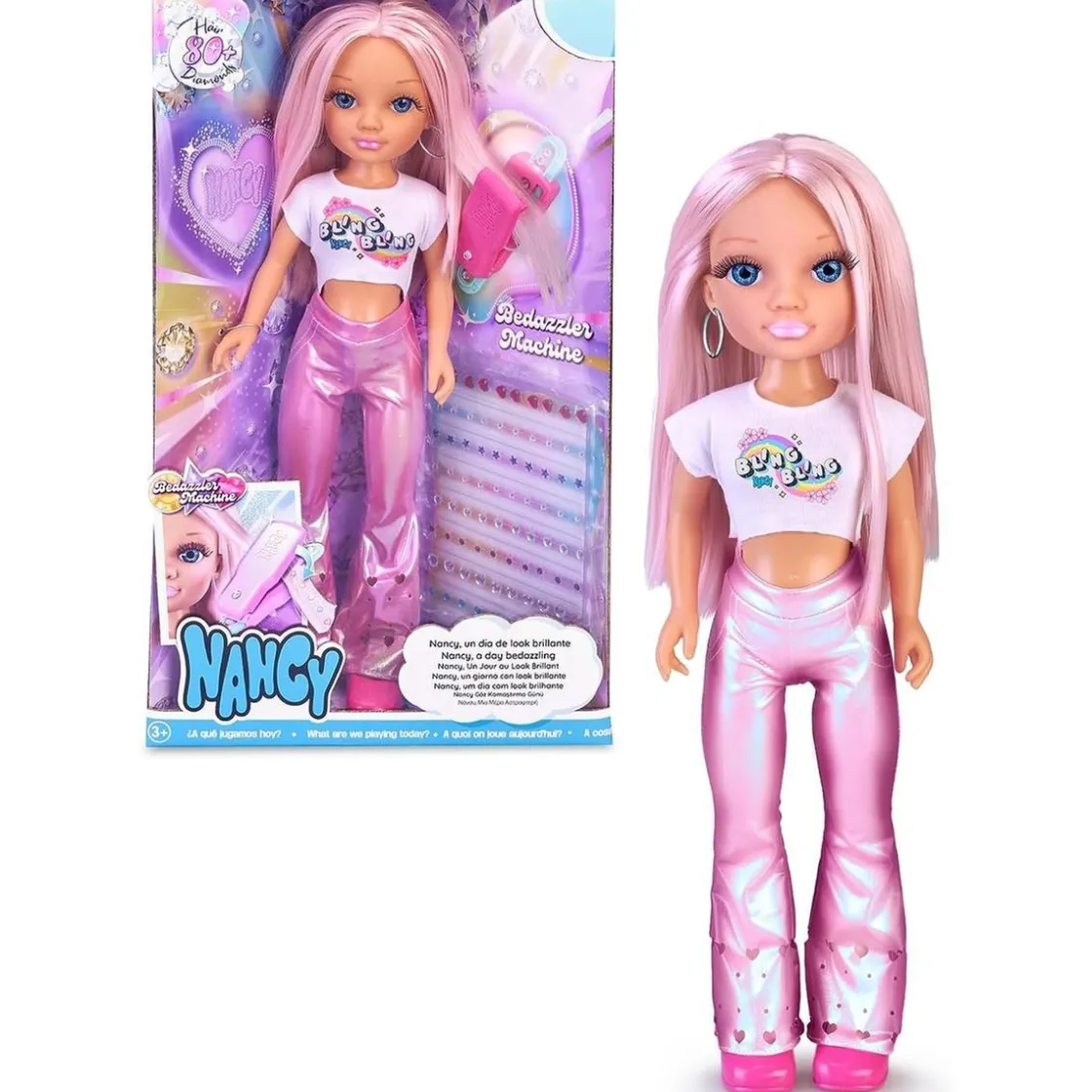 NANCY - Muñeca con pelo rosa, juego para peinar y decorar, máquina de gemas y accesorios ㅤ