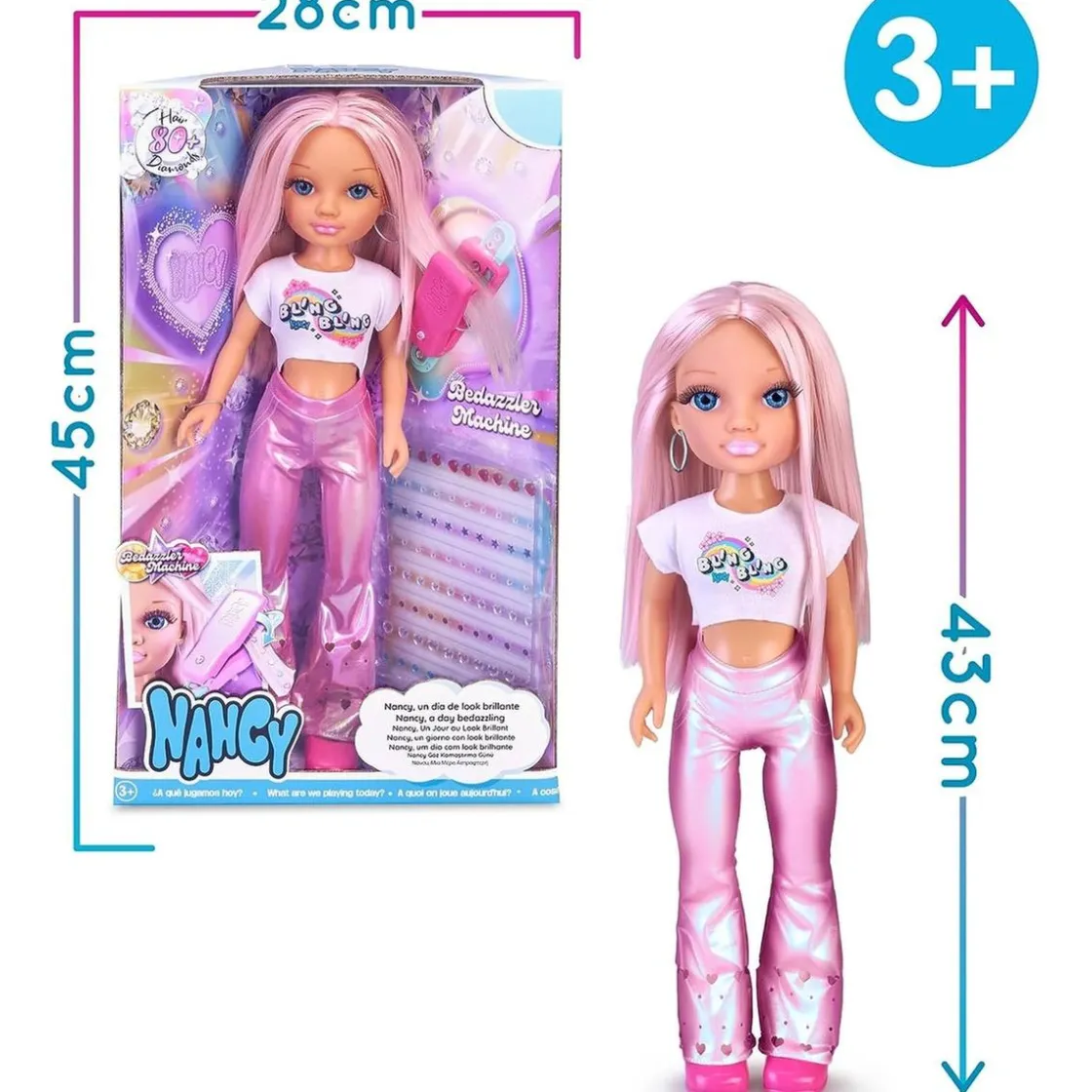 NANCY - Muñeca con pelo rosa, juego para peinar y decorar, máquina de gemas y accesorios ㅤ
