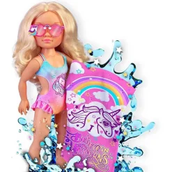 NANCY - Muñeca con toalla mágica, pelo rubio largo, accesorios veraniegos y unicornio
