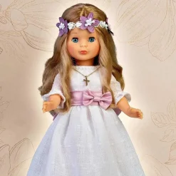 NANCY - Muñeca de colección para Primera Comunión con vestido blanco y corona de flores, rubia, Reedición 2023