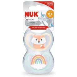 NUK - Pack 2 chupetes Space silicona 0-6 meses Zorro/Arcoíris