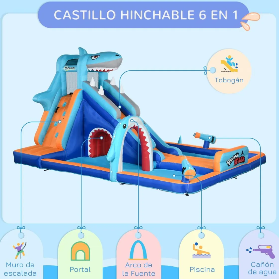 Outsunny - Castillo hinchable Tiburón* Castillos Hinchables