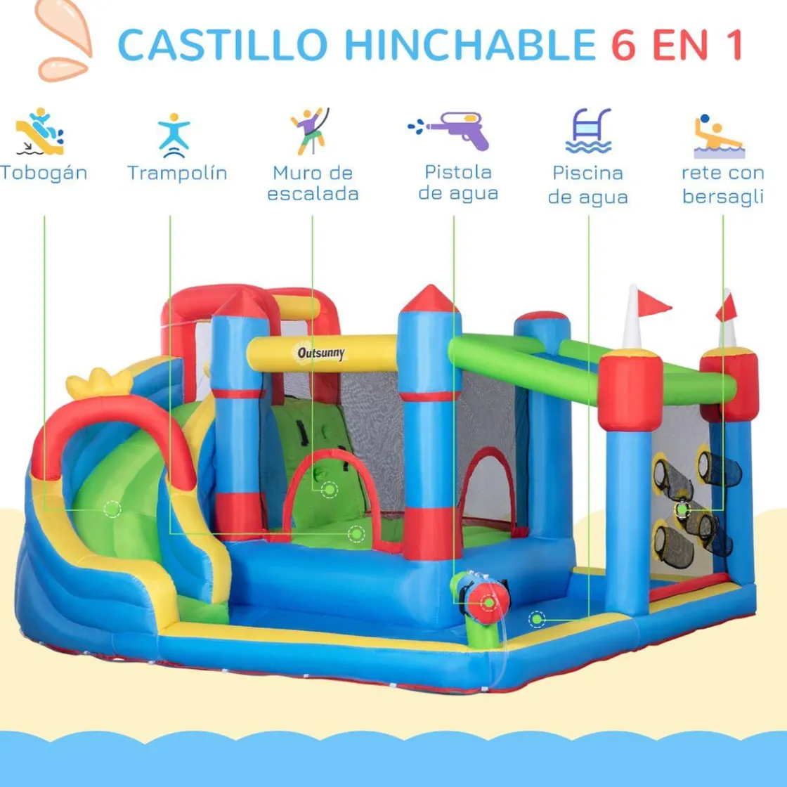 Outsunny - Castillo hinchable 6 en 1 con tobogán* Castillos Hinchables