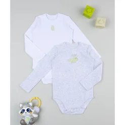 Prenatal Pack 2 bodies de manga larga niño gris y blanco con dinosaurios