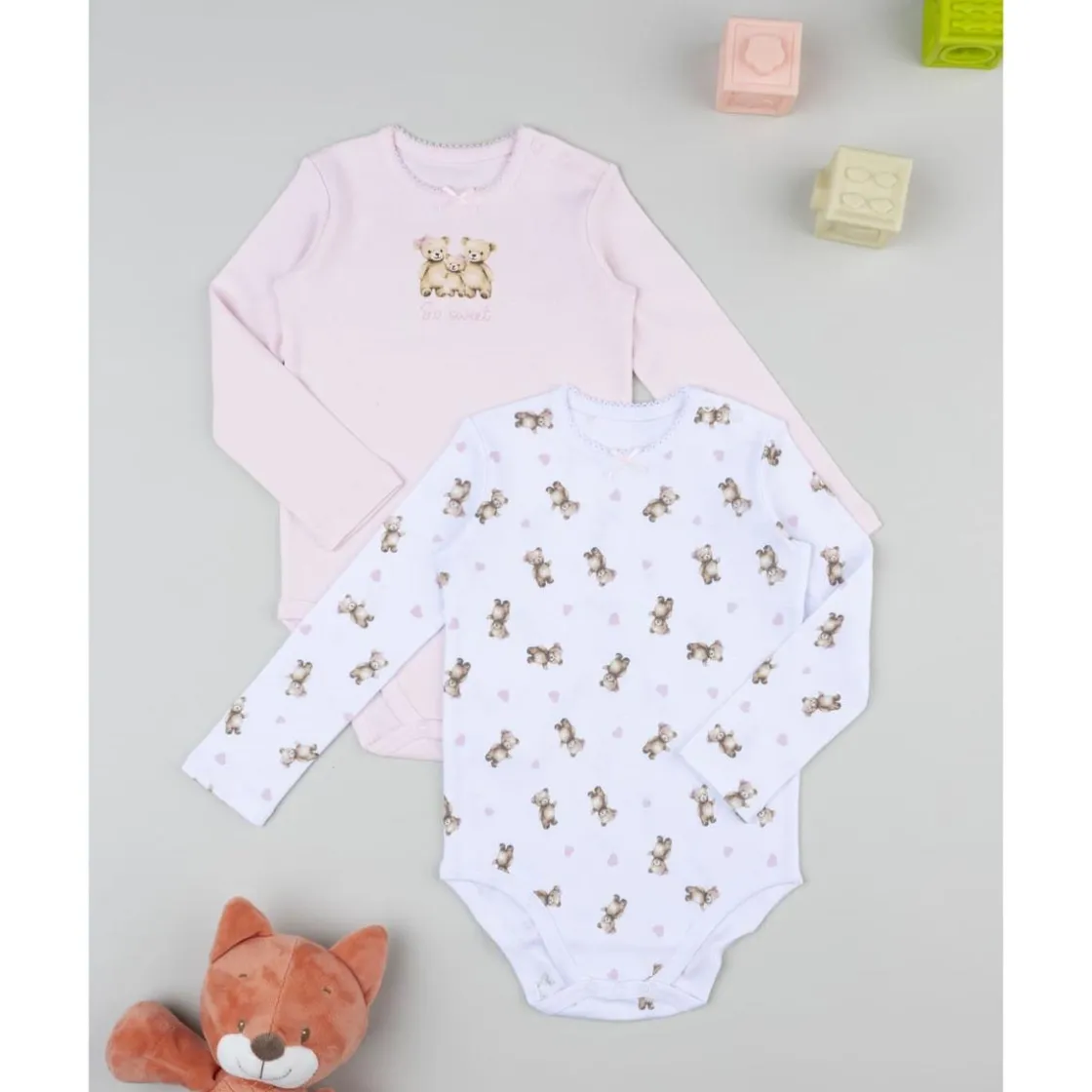 Prenatal Pack 2 bodies de manga larga niña rosa y blanco con ositos