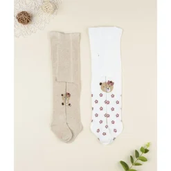 Prenatal Pack 2 leotardos de niña blanco y beige con ositos