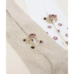 Prenatal Pack 2 leotardos de niña blanco y beige con ositos