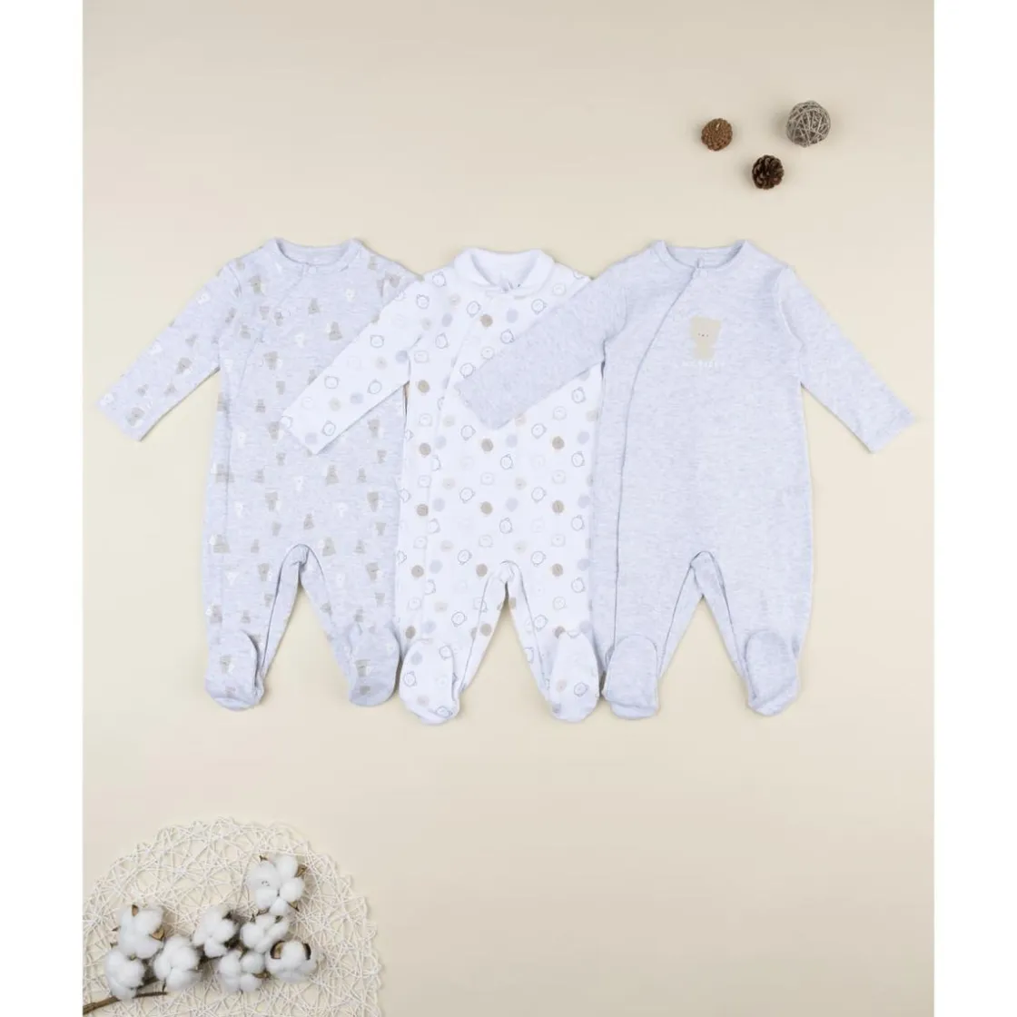Prenatal Pack 3 pijamas de bebé gris y blanco con estampado de ositos