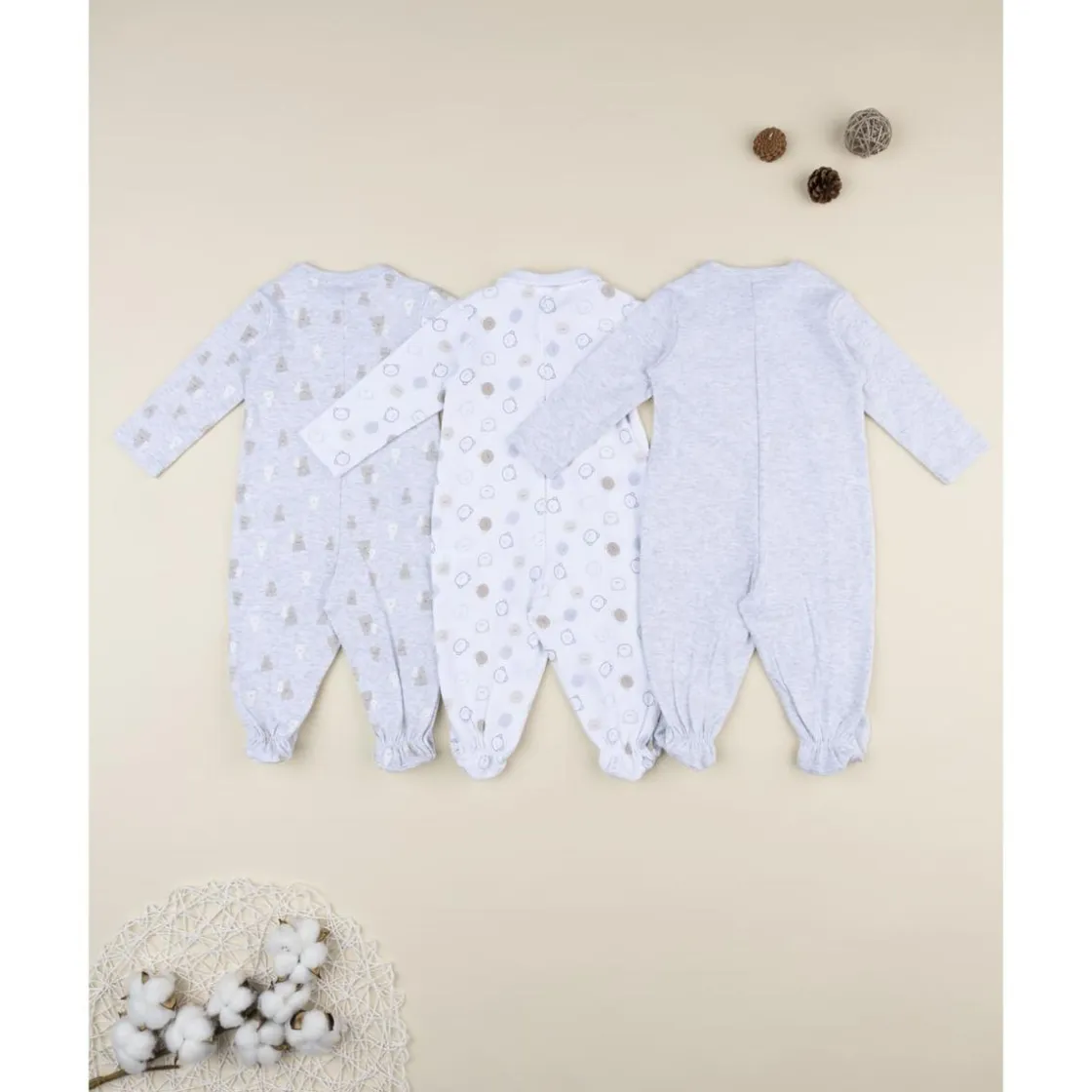 Prenatal Pack 3 pijamas de bebé gris y blanco con estampado de ositos