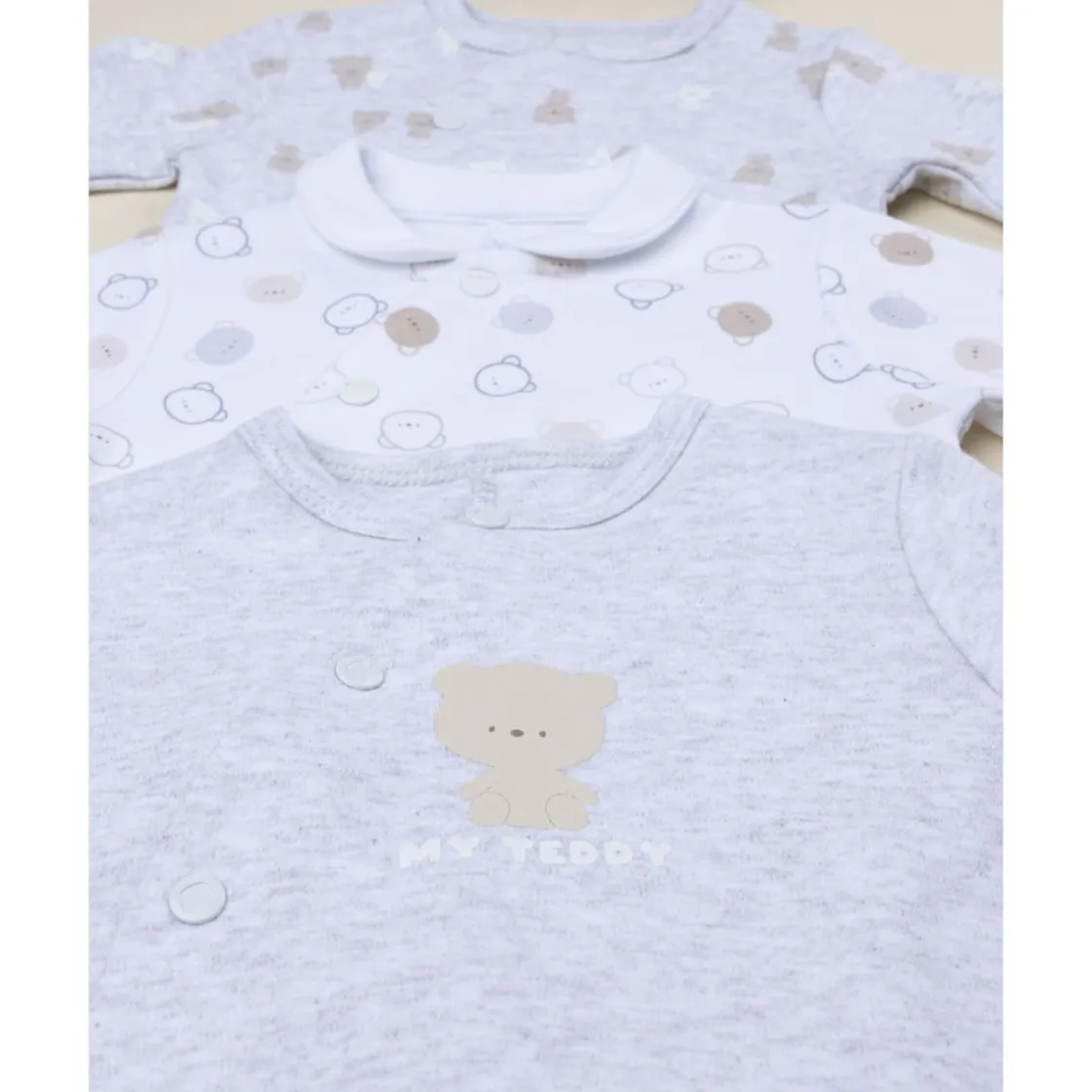 Prenatal Pack 3 pijamas de bebé gris y blanco con estampado de ositos