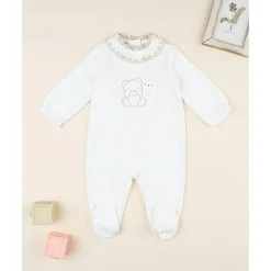 Prenatal Pelele bebé de terciopelo blanco con bordado dorado