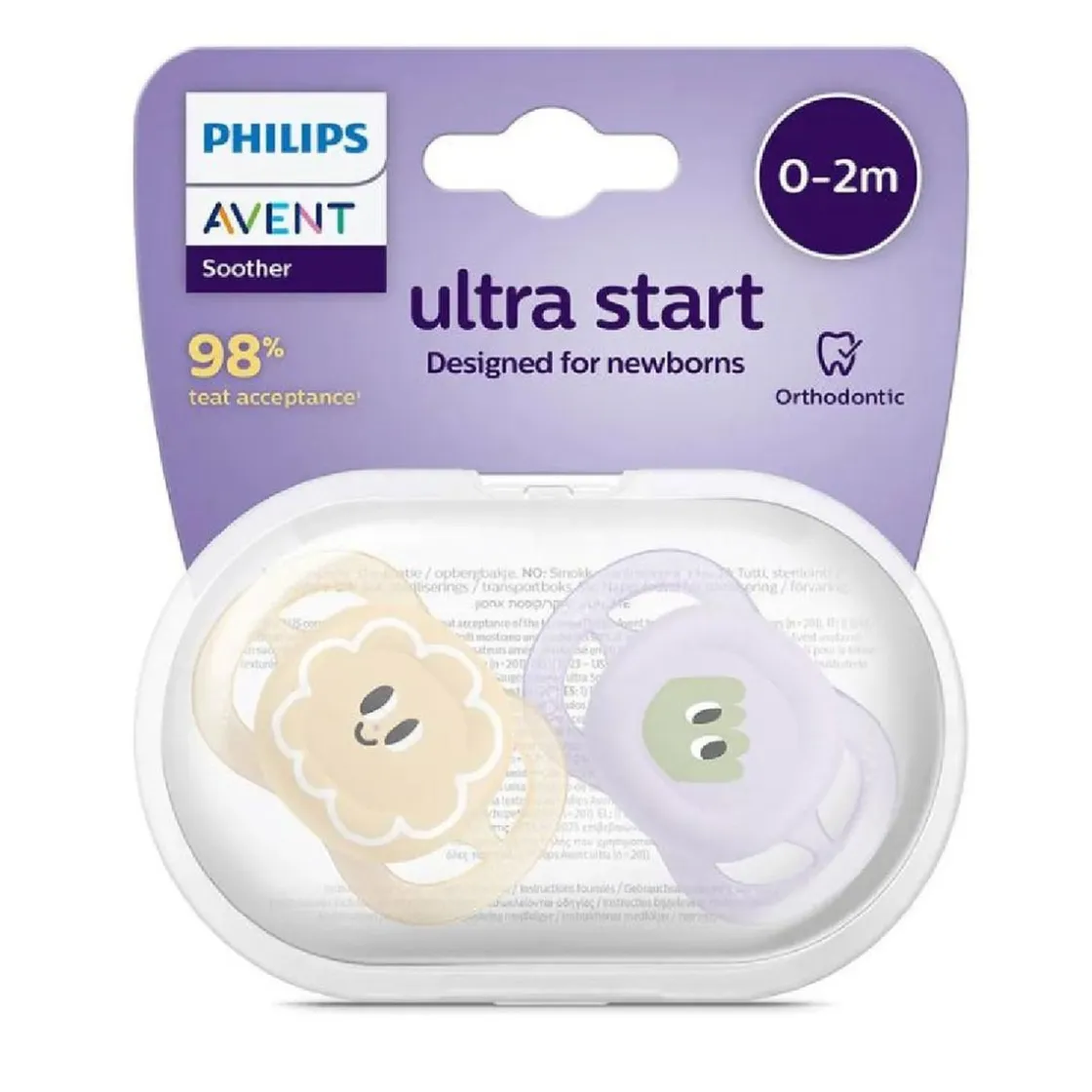 AVENT Philips - 2 chupetes Ultra Start niña lila y amarillo (0-2m)