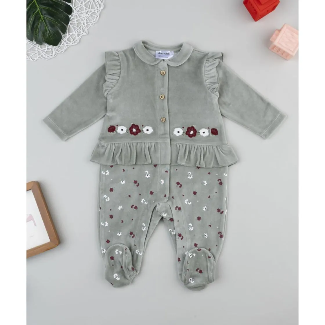Prenatal Pijama de niña en terciopelo verde con flores* Ropa Y Accesorios·Peleles|Recién Nacido·Ropa Y Accesorios
