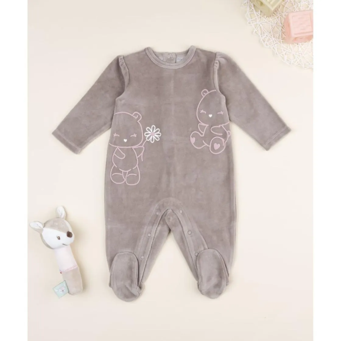 Prenatal Pijama niña marrón de terciopelo con ositos