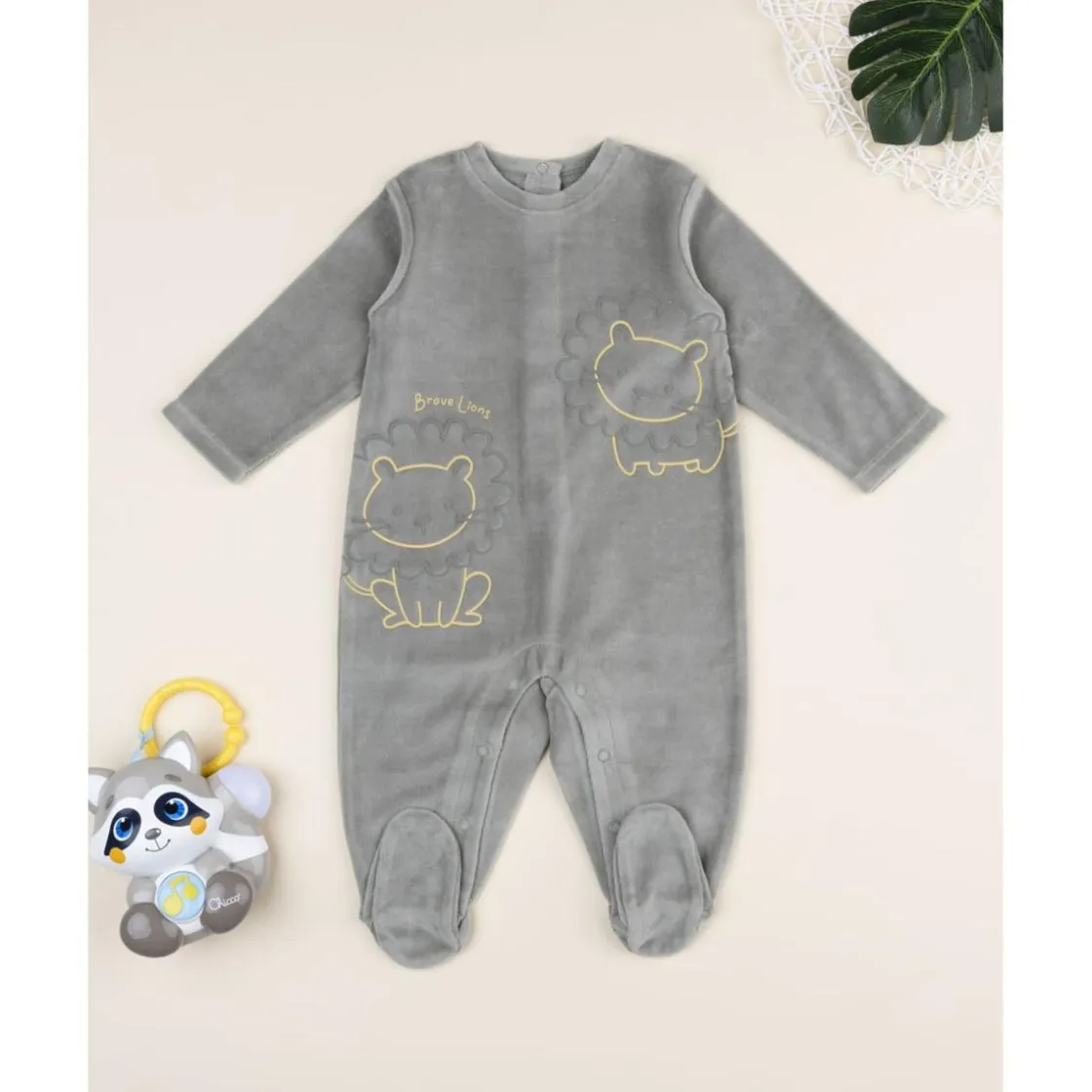 Prenatal Pijama verde oscuro de terciopelo con leoncitos