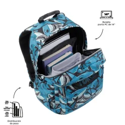 TOTTO - Mochila escolar adaptable a carro tiburones Acuareles* Material Escolar