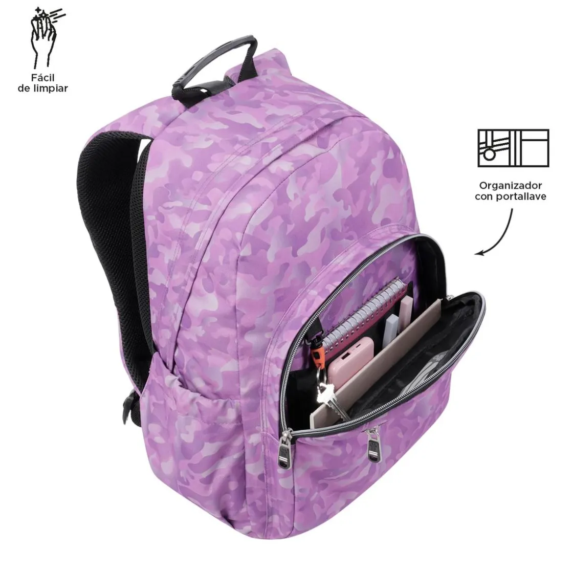 TOTTO - Mochila escolar adaptable a carro camuflaje rosa Acuareles