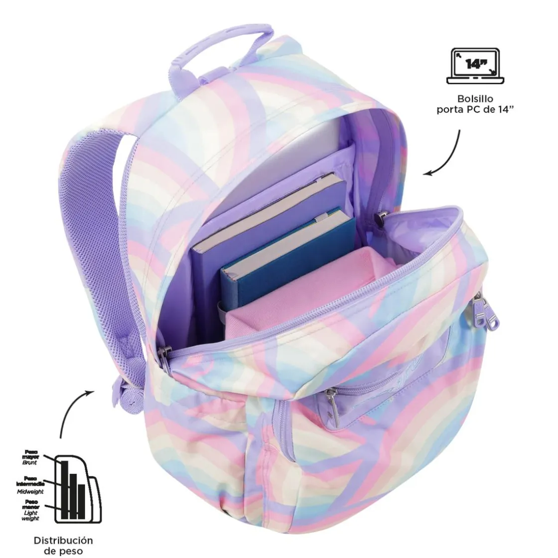 TOTTO - Mochila escolar adaptable a carro arcoíris Acuareles