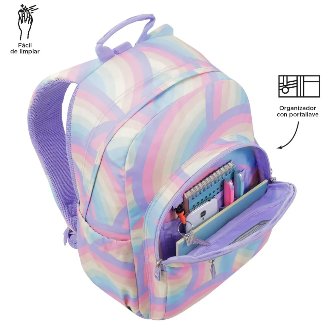 TOTTO - Mochila escolar adaptable a carro arcoíris Acuareles