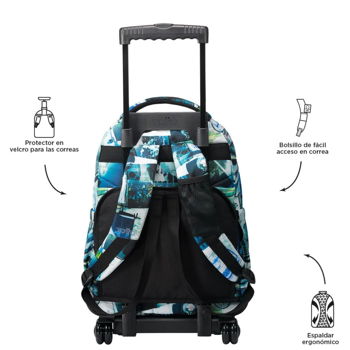 TOTTO - Mochila escolar con ruedas postales y casetes Renglones
