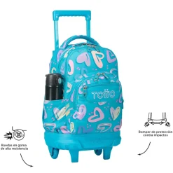 TOTTO - Mochila escolar pequeña ruedas corazones pintados Resma* Material Escolar