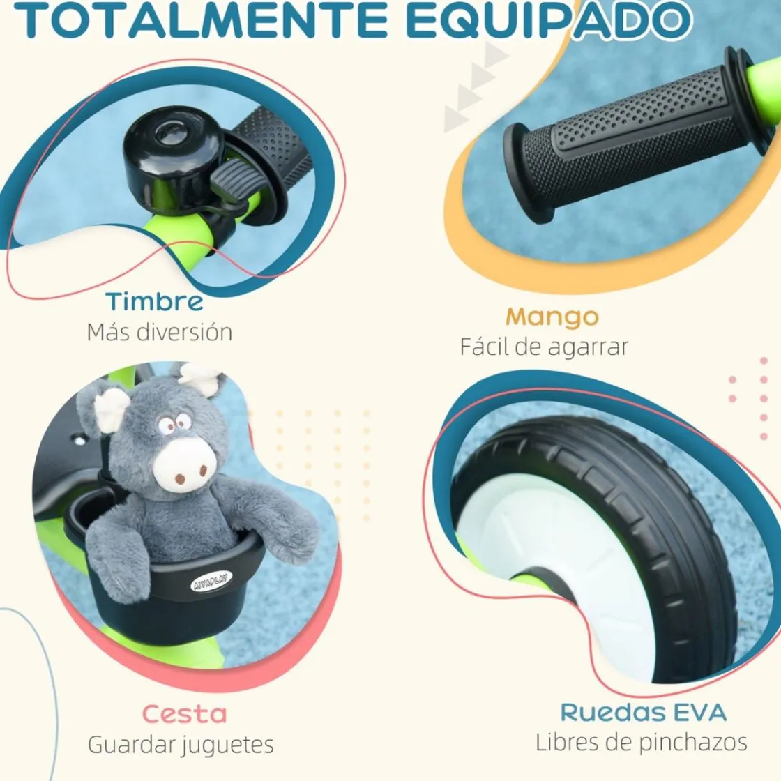 AIYAPLAY Triciclo con timbre y cesta Verde